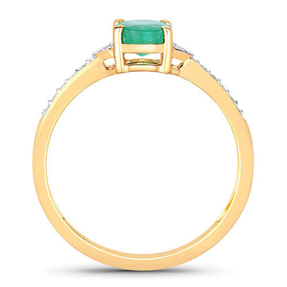 Anillo de oro amarillo de 14 quilates con esmeralda zambiana auténtica de 0,82 quilates y diamantes blancos