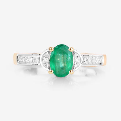 Anillo de oro amarillo de 14 quilates con esmeralda zambiana auténtica de 0,82 quilates y diamantes blancos