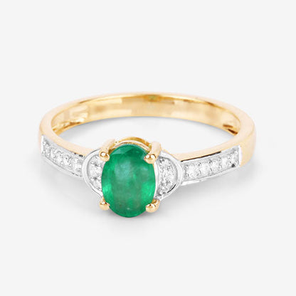 Anillo de oro amarillo de 14 quilates con esmeralda zambiana auténtica de 0,82 quilates y diamantes blancos