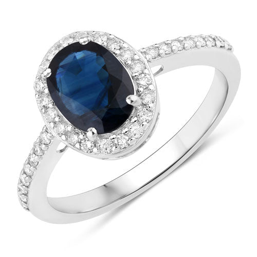 Anillo de oro blanco de 14 quilates con zafiro azul auténtico de 1,82 quilates y diamantes blancos