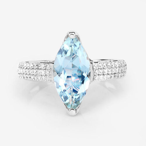 Anillo de oro blanco de 14K con aguamarina auténtica de 2.09 quilates y diamantes blancos