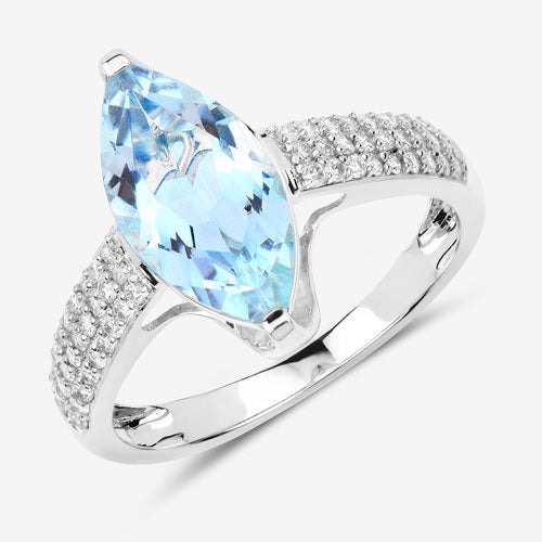 Anillo de oro blanco de 14K con aguamarina auténtica de 2.09 quilates y diamantes blancos
