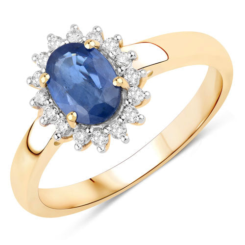 Anillo de oro amarillo de 10K con zafiro azul genuino de 1.11 quilates y diamante blanco