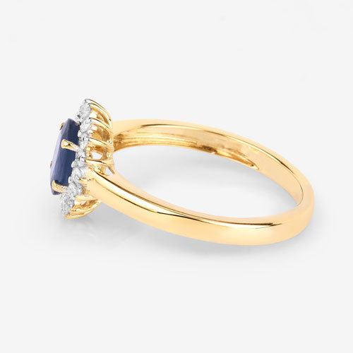 Anillo de oro amarillo de 10K con zafiro azul genuino de 1.11 quilates y diamante blanco