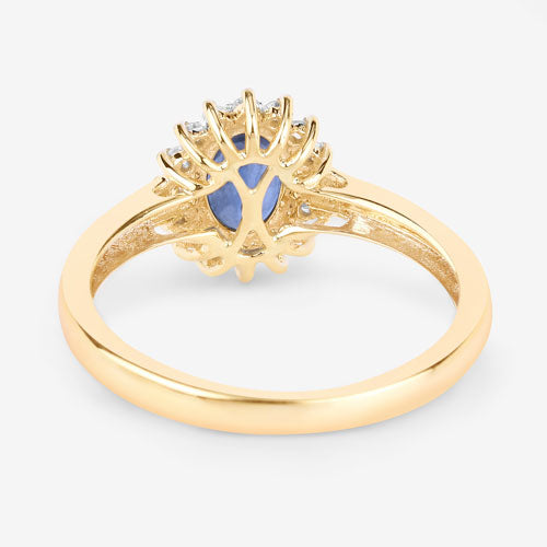 Anillo de oro amarillo de 10K con zafiro azul genuino de 1.11 quilates y diamante blanco