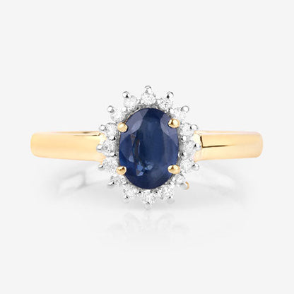 Anillo de oro amarillo de 10K con zafiro azul genuino de 1.11 quilates y diamante blanco