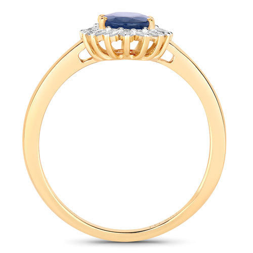 Anillo de oro amarillo de 10K con zafiro azul genuino de 1.11 quilates y diamante blanco