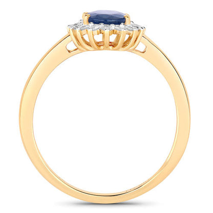 Anillo de oro amarillo de 10K con zafiro azul genuino de 1.11 quilates y diamante blanco
