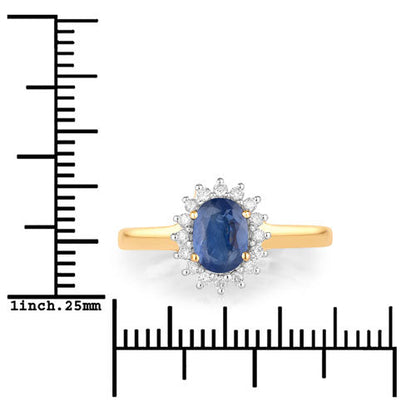 Anillo de oro amarillo de 10K con zafiro azul genuino de 1.11 quilates y diamante blanco