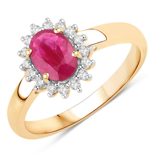 Anillo de oro amarillo de 10 quilates con rubí genuino de 1.01 quilates y diamantes blancos