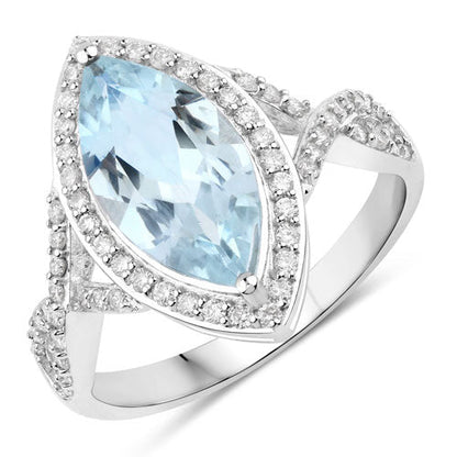 Anillo de oro blanco de 14K con aguamarina genuina de 2.24 quilates y diamantes blancos
