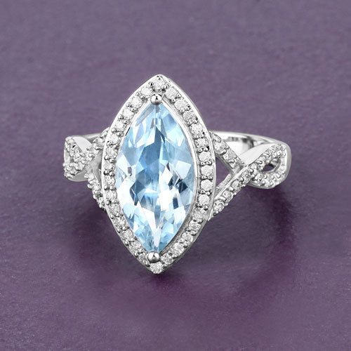 Anillo de oro blanco de 14K con aguamarina genuina de 2.24 quilates y diamantes blancos