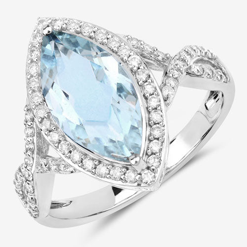 Anillo de oro blanco de 14K con aguamarina genuina de 2.24 quilates y diamantes blancos