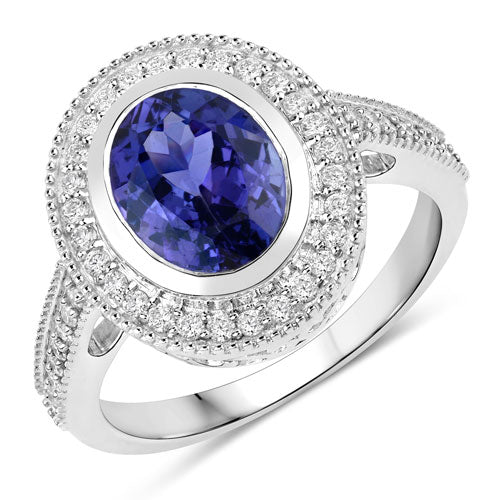 Anillo de tanzanita auténtica de 2,94 quilates y diamante blanco en oro blanco de 14 quilates