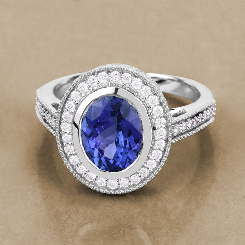 Anillo de tanzanita auténtica de 2,94 quilates y diamante blanco en oro blanco de 14 quilates