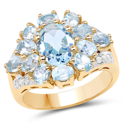 14K Yellow Gold Plated 4.28 Carat Genuine Blue Topaz .925 Sterling Silver Ring
