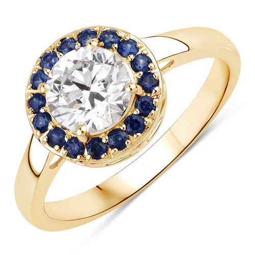 Anillo de oro amarillo de 14 quilates con zafiro azul natural de 1,32 quilates y diamante creado en laboratorio