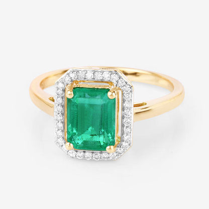 Anillo de oro amarillo de 14K con esmeralda etíope genuina de 1,62 quilates y diamantes blancos