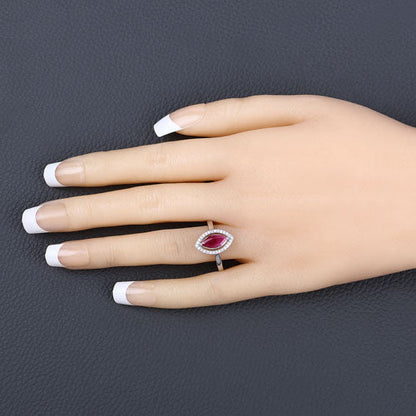 Anillo de oro blanco de 10 quilates con rubí auténtico de 1,52 quilates y diamantes blancos