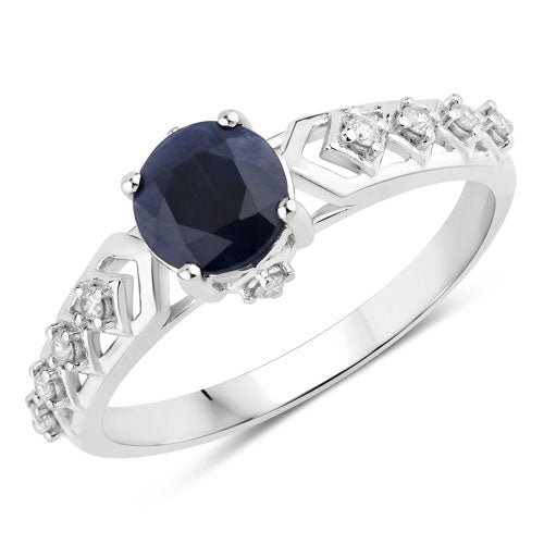 Anillo de oro blanco de 10 quilates con zafiro azul genuino de 1,13 quilates y diamantes blancos