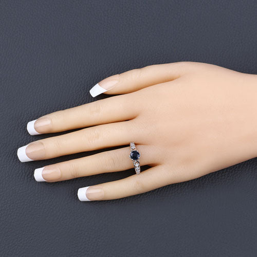 Anillo de oro blanco de 10 quilates con zafiro azul genuino de 1,13 quilates y diamantes blancos