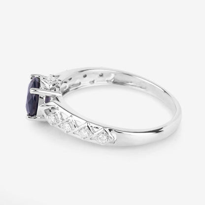 Anillo de oro blanco de 10 quilates con zafiro azul genuino de 1,13 quilates y diamantes blancos