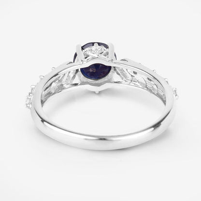 Anillo de oro blanco de 10 quilates con zafiro azul genuino de 1,13 quilates y diamantes blancos