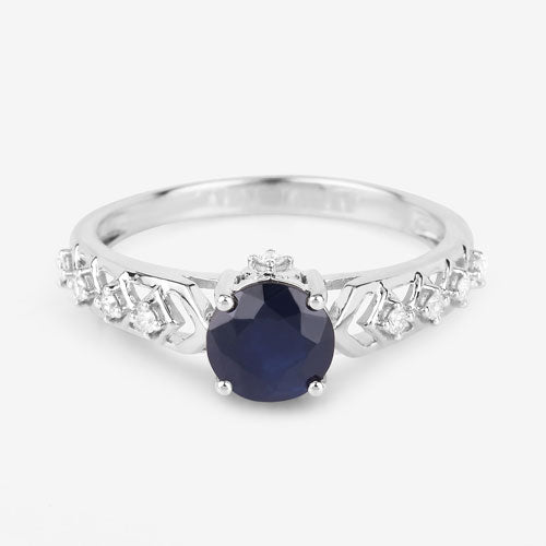 Anillo de oro blanco de 10 quilates con zafiro azul genuino de 1,13 quilates y diamantes blancos