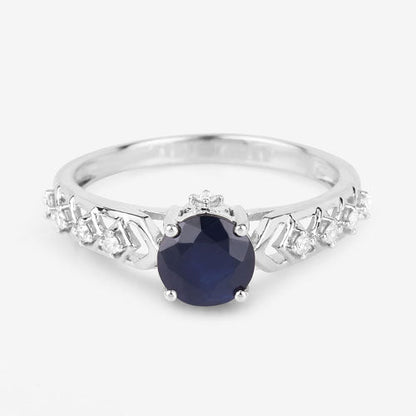 Anillo de oro blanco de 10 quilates con zafiro azul genuino de 1,13 quilates y diamantes blancos