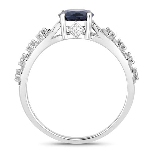 Anillo de oro blanco de 10 quilates con zafiro azul genuino de 1,13 quilates y diamantes blancos