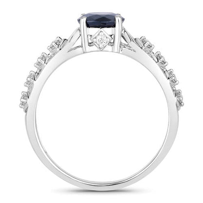 Anillo de oro blanco de 10 quilates con zafiro azul genuino de 1,13 quilates y diamantes blancos