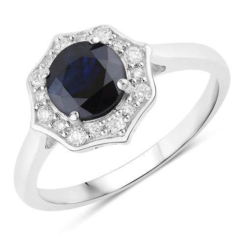 Anillo de oro blanco de 10 quilates con zafiro azul auténtico de 1.34 quilates y diamantes blancos