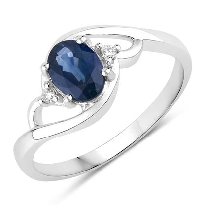 Anillo de oro blanco de 10K con zafiro azul genuino de 0.98 quilates y diamantes blancos