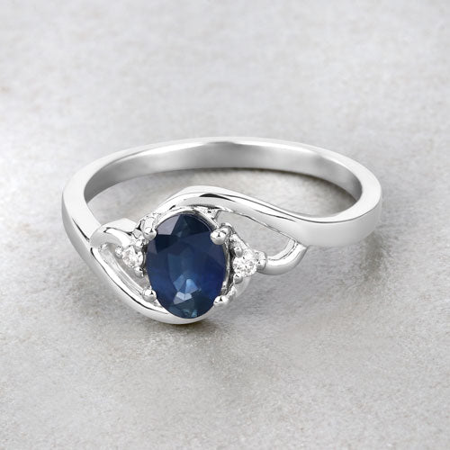 Anillo de oro blanco de 10K con zafiro azul genuino de 0.98 quilates y diamantes blancos