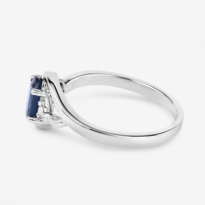 Anillo de oro blanco de 10K con zafiro azul genuino de 0.98 quilates y diamantes blancos