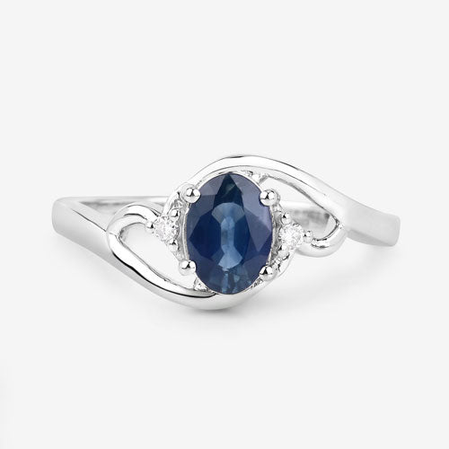 Anillo de oro blanco de 10K con zafiro azul genuino de 0.98 quilates y diamantes blancos