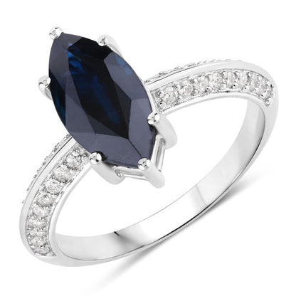 Anillo de oro blanco de 10 quilates con zafiro azul genuino de 2,39 quilates y diamantes blancos