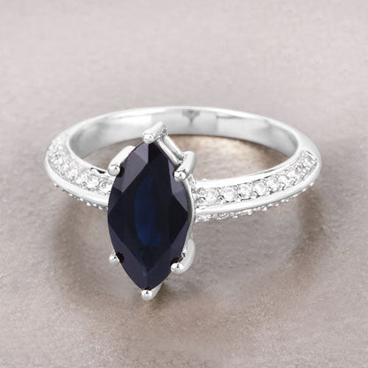 Anillo de oro blanco de 10 quilates con zafiro azul genuino de 2,39 quilates y diamantes blancos