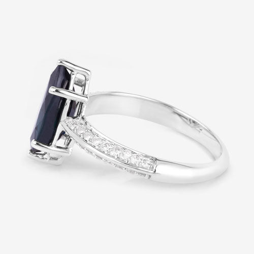 Anillo de oro blanco de 10 quilates con zafiro azul genuino de 2,39 quilates y diamantes blancos