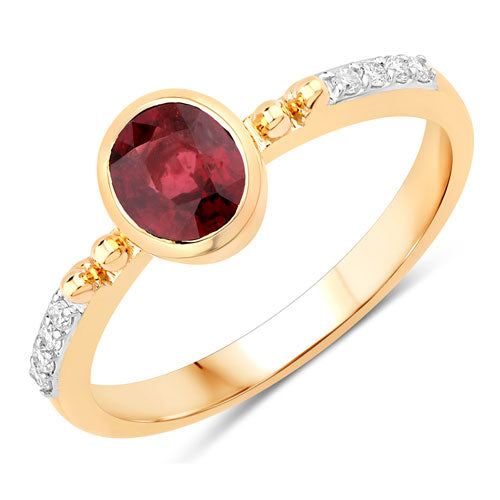 Anillo de oro amarillo de 14 quilates con rubí auténtico de 1,00 quilates y diamantes blancos