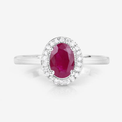 Anillo de oro blanco de 14K con rubí auténtico de 1.06 quilates y diamantes blancos