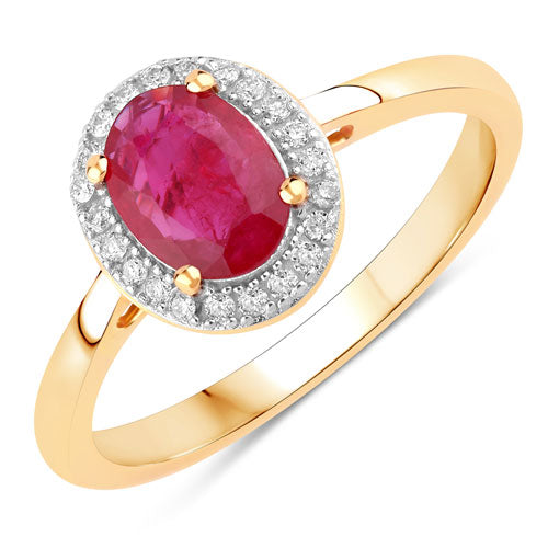 Anillo de oro amarillo de 14K con rubí auténtico de 1,06 quilates y diamantes blancos