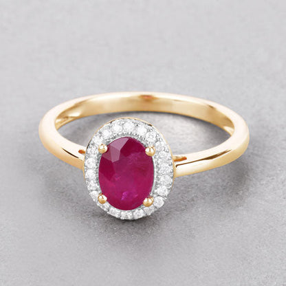 Anillo de oro amarillo de 14K con rubí auténtico de 1,06 quilates y diamantes blancos