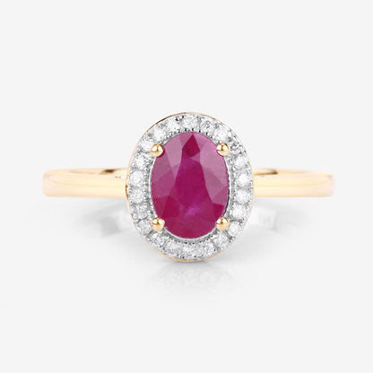 Anillo de oro amarillo de 14K con rubí auténtico de 1,06 quilates y diamantes blancos