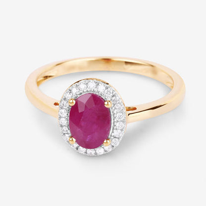 Anillo de oro amarillo de 14K con rubí auténtico de 1,06 quilates y diamantes blancos