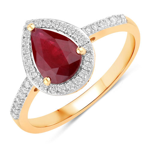 Anillo de oro amarillo de 14K con rubí auténtico de 1.25 quilates y diamantes blancos