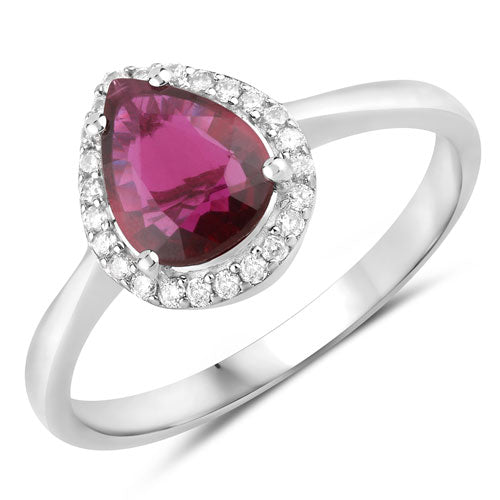 Anillo de oro blanco de 14K con rubí genuino de 1.30 quilates y diamantes blancos