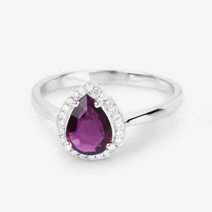 Anillo de oro blanco de 14K con rubí genuino de 1.30 quilates y diamantes blancos