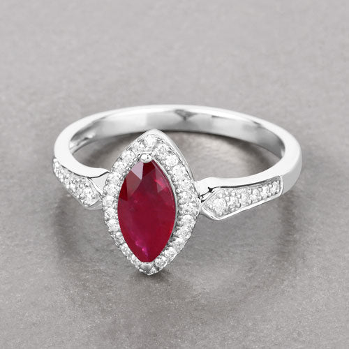 Anillo de oro blanco de 14K con rubí genuino de 0.96 quilates y diamantes blancos