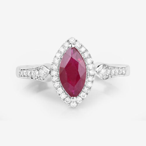 Anillo de oro blanco de 14K con rubí genuino de 0.96 quilates y diamantes blancos